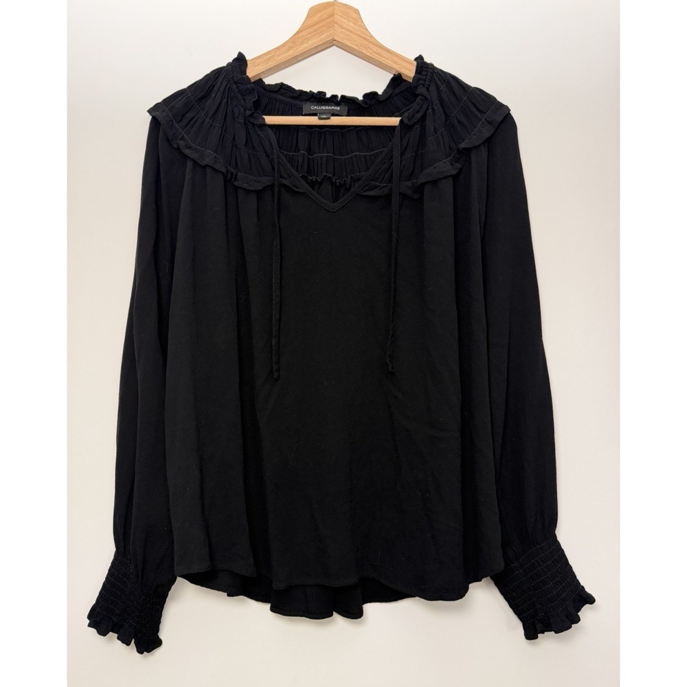 Calligraphie Women's‎ V-Neck Black Ruffle Smocked Blouse Size L Boho 100% Rayon